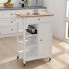 Kitchen Island Rolling Trolley Cart with Towel Rack, Rubber Wood Table Top, Mobile Serving Cart, 25.98''L X 15.55''W X 34.06''H, 3 Open Shelves, 1 Drawer and 1 Door Cabinet, Easy Assembly, White view 1