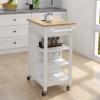 Kitchen Island Rolling Trolley Cart with Towel Rack, Rubber Wood Table Top, Mobile Serving Cart, 25.98''L X 15.55''W X 34.06''H, 3 Open Shelves, 1 Drawer and 1 Door Cabinet, Easy Assembly, White view 3