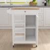 Kitchen Island Rolling Trolley Cart with Towel Rack, Rubber Wood Table Top, Mobile Serving Cart, 25.98''L X 15.55''W X 34.06''H, 3 Open Shelves, 1 Drawer and 1 Door Cabinet, Easy Assembly, White view 4