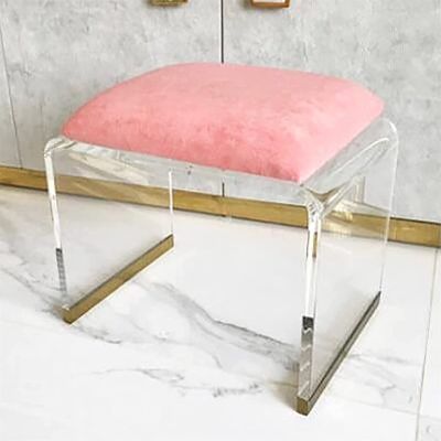 QQXX Acrylic Stool with Velvet Padded Seat,Clear Acrylic Nightstand Square End Table Side Table,Modern Small Step Stool Short Stool Makeup Room Vanity Stool(Small, Pink)