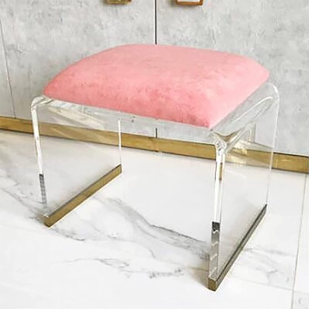 QQXX Acrylic Stool with Velvet Padded Seat,Clear Acrylic Nightstand Square End Table Side Table,Modern Small Step Stool Short Stool Makeup Room Vanity Stool(Small, Pink)