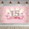15th Birthday Decorations for Girls 15 Years Old Anniversary Party Fabric Sign Poster Pink Photo Background 15th Birthday Party Supplies, 59"x35.4" view 1