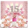 15th Birthday Decorations for Girls 15 Years Old Anniversary Party Fabric Sign Poster Pink Photo Background 15th Birthday Party Supplies, 59"x35.4" view 4