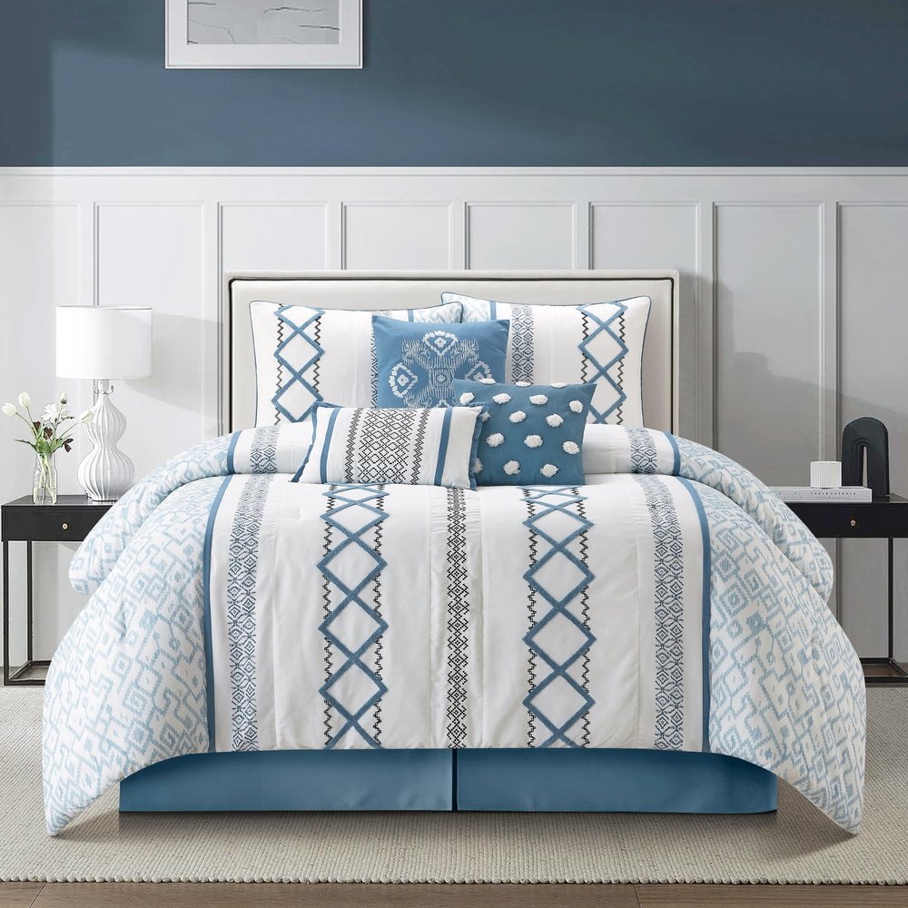 Stratford Park Luxury 7 Piece Cozy Comforter Set, King Size, Blue, Embroidered Bedding Sets, Premium Microfiber, All Season Home Dcor
