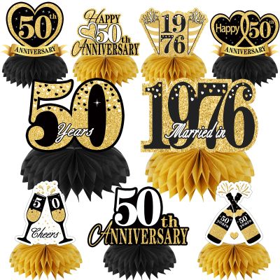 Aodocuto 9Pcs 50th Anniversary Decorations Table Centerpeces, Black Gold Happy 50th Wedding Anniversary Honeycomb Centerpieces Party Supplies, Vintage 1976 Cheers to 50 Years Anniversary Table Topper