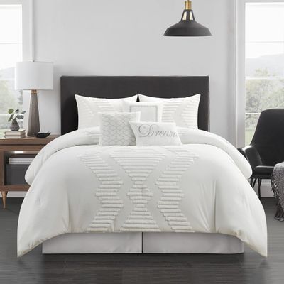 Stratford Park 7 Piece Tufted Embroidery Comforter Set, White, Bed Size Queen, Modern Design, All Season Bedding Set, Matching Bedskirt, Pillows & Shams