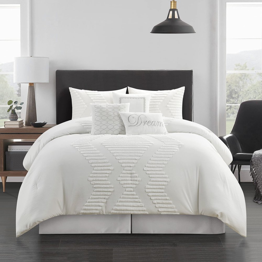 Stratford Park 7 Piece Tufted Embroidery Comforter Set, White, Bed Size Queen, Modern Design, All Season Bedding Set, Matching Bedskirt, Pillows & Shams