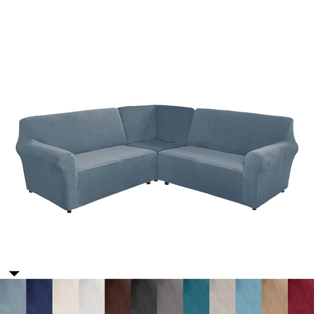 5 Seats L Shape Velvet Stretch Recliner Corner Sofa Cover,Corner Sofa Covers for Sectional Sofa Set,for Reclining L Shape Sofa Slipcovers Thick,Soft,Washable Durable Furniture Protector(L-5-Gray Blue)
