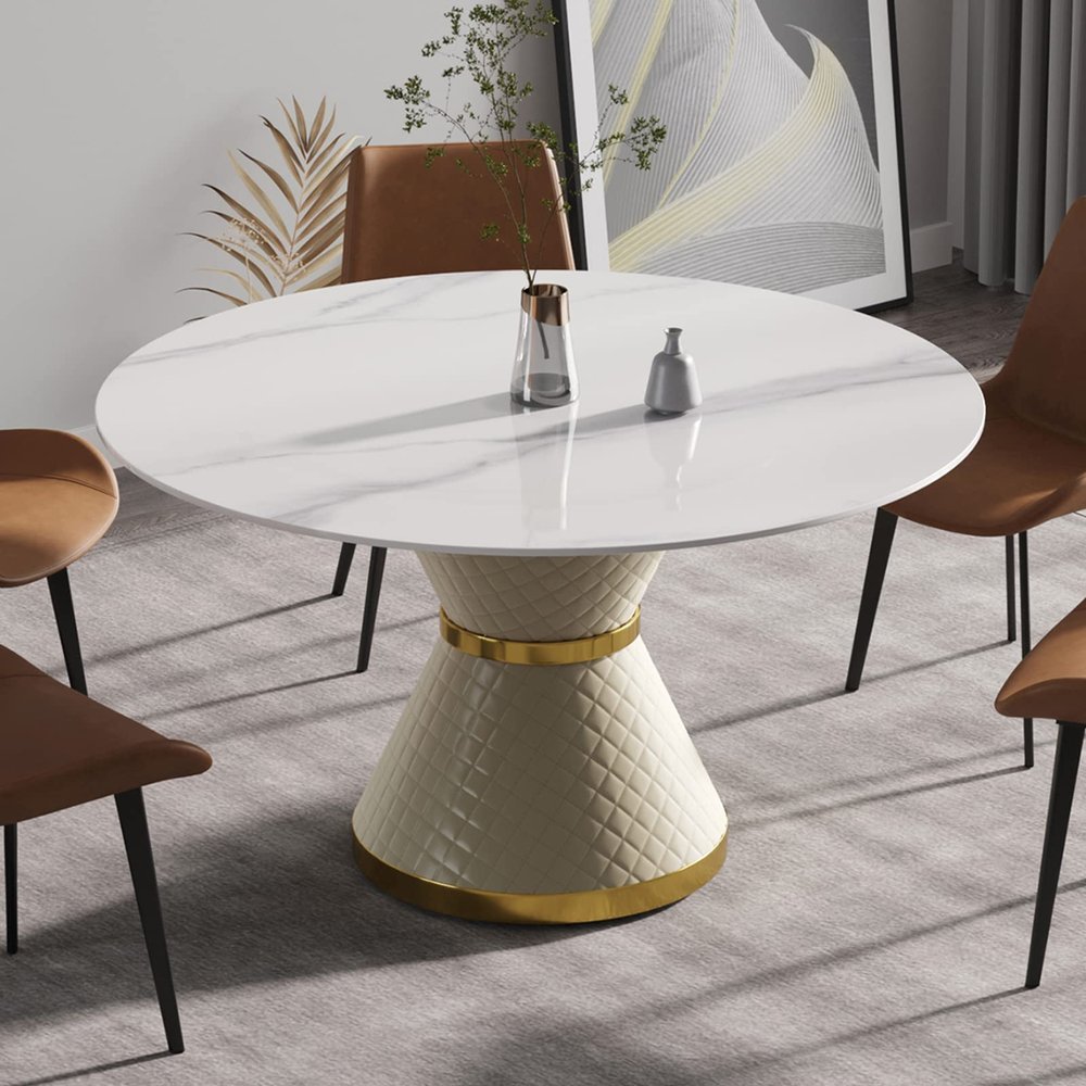53" Round Dining Table, White Sintered Stone Tabletop and Carbon Steel Base, Modern Dining Room Table for 4-6, Luxurious Kitchen Table for Home Office Restaurant (Not Include Chair)