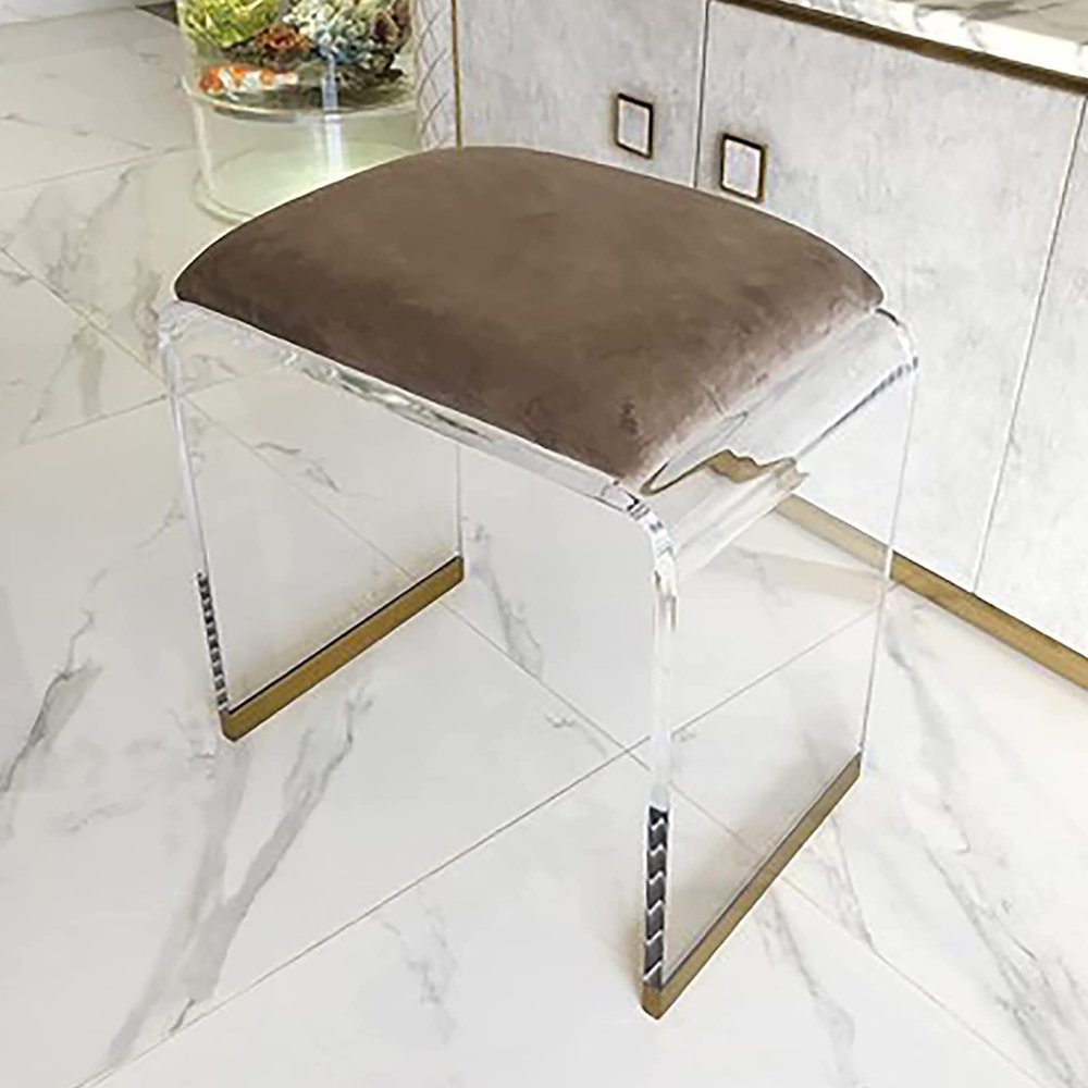 QQXX Acrylic Stool with Velvet Padded Seat,Clear Acrylic Nightstand Square End Table Side Table,Modern Small Step Stool Short Stool Makeup Room Vanity Stool(Large, Brown)