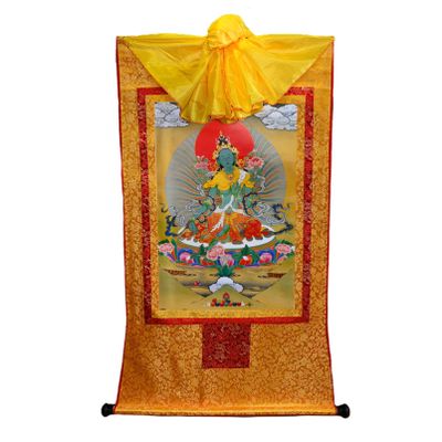 Bodhisattva Tara Tibetan Thangka Tapestry Vintage Buddhist Thangka Brocade Art Bedroom Print for Zen Home Decor Meditation (Color : Gold, Size : Medium)