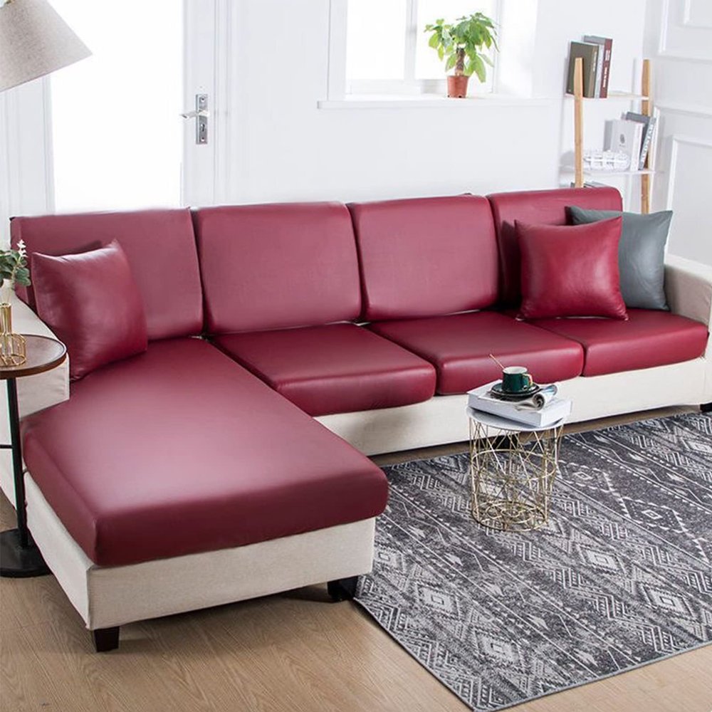 QQXX Waterproof Couch Cushion Cover for L Shaped Sofa, Stretch PU Leather Sofa Cushion Cover, Universal Anti-Slip Sectional Sofa Slipcover for Dogs Pets Furniture Protector(4, C)