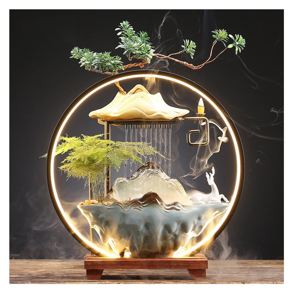 AFGZQ Ceramics Indoor Water Fountains Home Lucky Circulation Flowing Water Ornament Living Room Desktop Office Fountain with Mist and Backflow Incense Holder (Color : C)