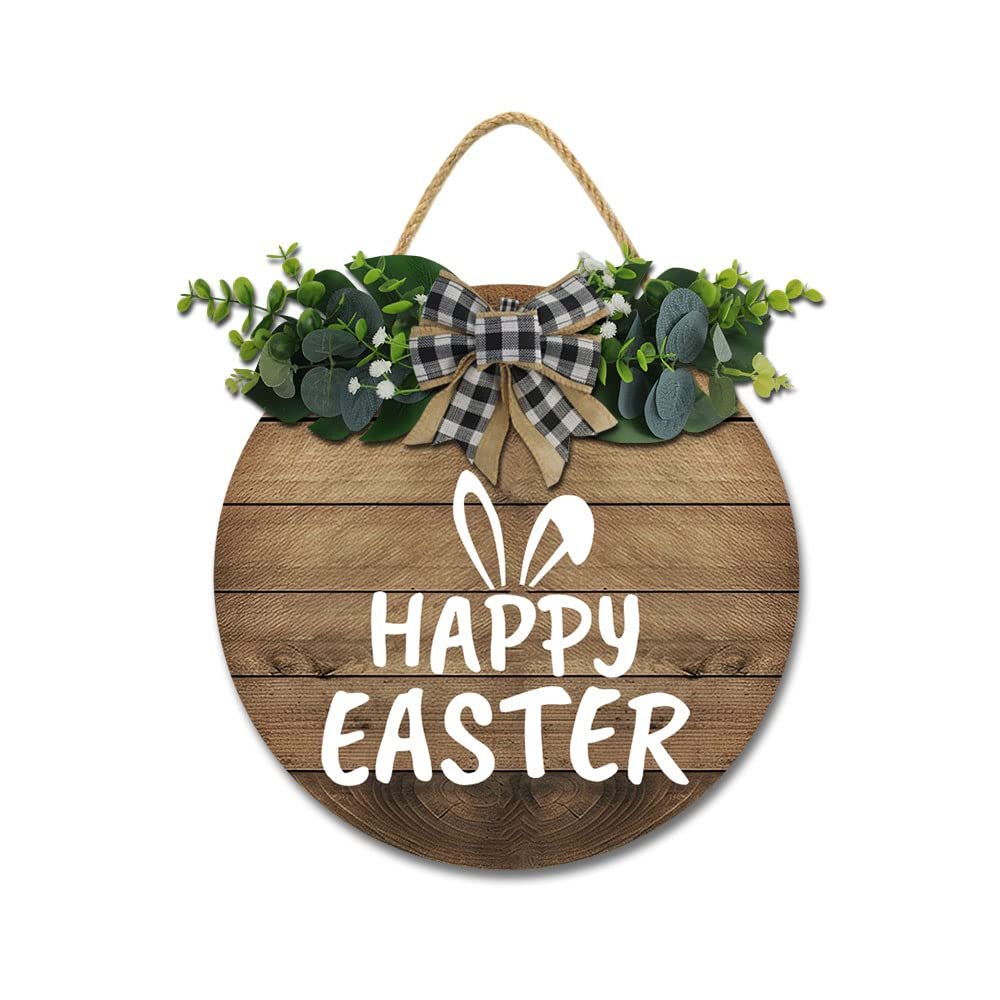 JIBEVEYYI Happy Easter Fuuny Bunny Rabbit Wreath for Front Door Rustic Wooden Hanging Welcome Sign Easter Decoration for Easter Spring Holiday Home Coffee Shop Bakery Farmhouse Window 1111 Inches