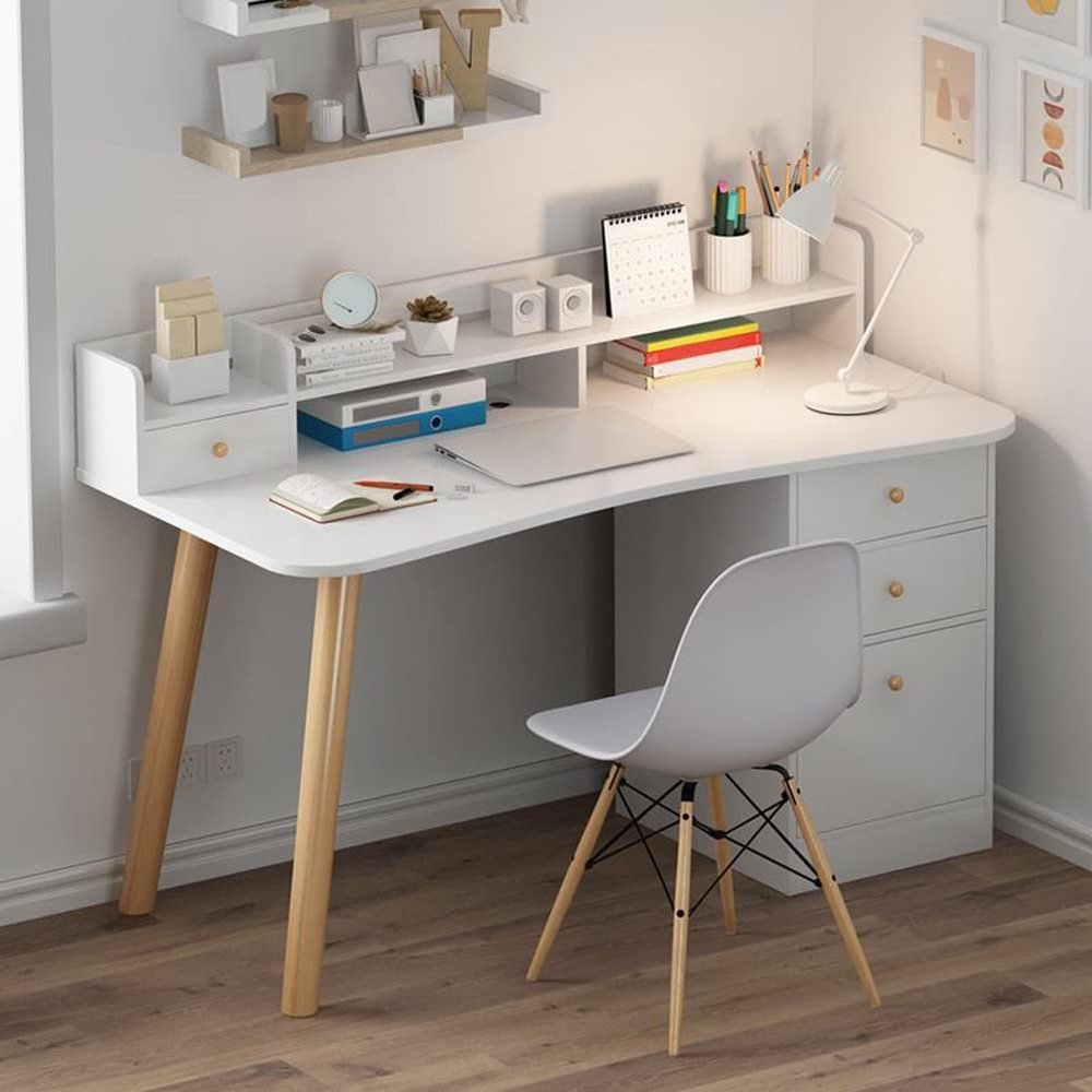 KWOKING Writing Desk 19.69'Wide Drawers Computer Desk Bedroom Junior High School Students Writing Learning Small Apartment Desk White (2 Drawers, 1 Cabinet, 1 Exterior Shelf) 39" L x 20" W x 37" H