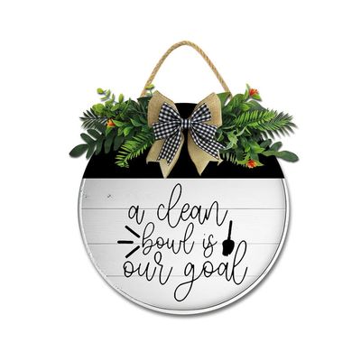 JIBEVEYYI a Clean Bowl is Our Goal Farmhouse Bathroom Wreath for Front Door Sign Home Decor - Funny Wall Hanging Bathroom Signs - Rustic Round Wooden Decoration 1111 Inches