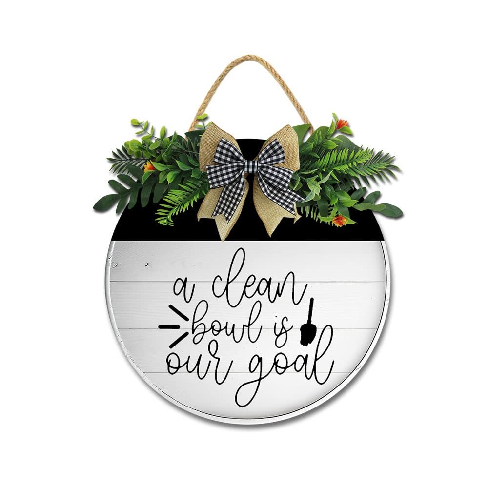 JIBEVEYYI a Clean Bowl is Our Goal Farmhouse Bathroom Wreath for Front Door Sign Home Decor - Funny Wall Hanging Bathroom Signs - Rustic Round Wooden Decoration 1111 Inches