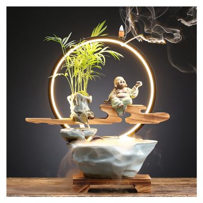 AFGZQ Ceramics Indoor Water Fountains Home Lucky Circulation Flowing Water Ornament Living Room Desktop Office Fountain with Mist and Backflow Incense Holder (Color : E)