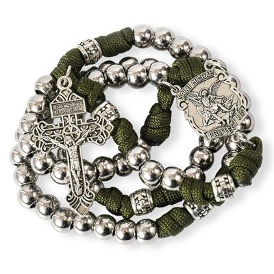Nazareth Store Green Paracord Rosary Necklace with Silver Alloy Beads, St. Michael Medal Our Father Prayer Beads Pardon Crucifix Catholic Rosary Gift for Men