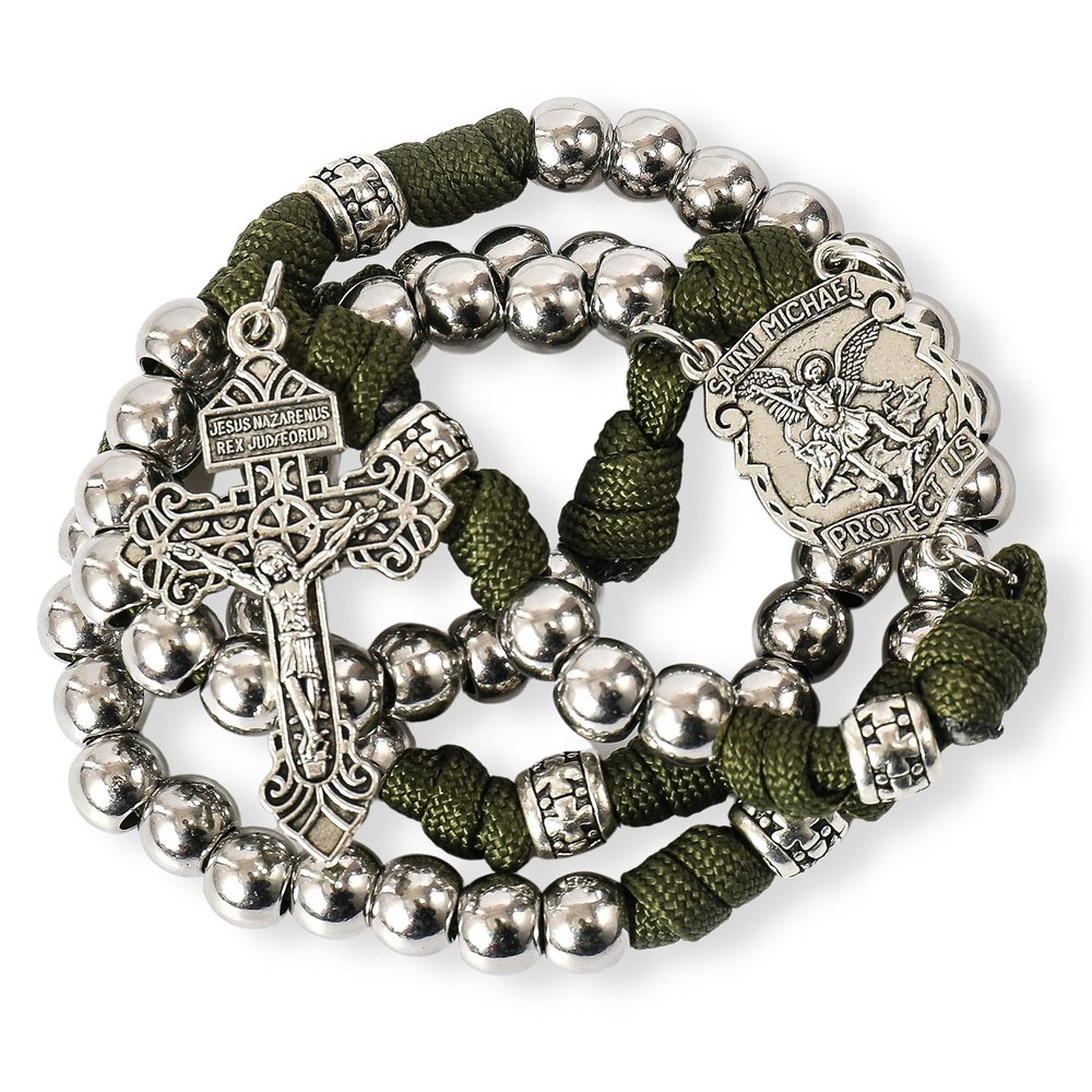 Nazareth Store Green Paracord Rosary Necklace with Silver Alloy Beads, St. Michael Medal Our Father Prayer Beads Pardon Crucifix Catholic Rosary Gift for Men