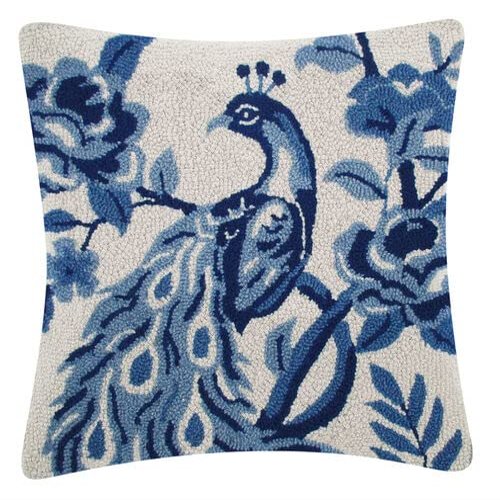 Peking Handicraft Chinoiserie Peacock, Hook Pillow, Wool and Poly Velvet