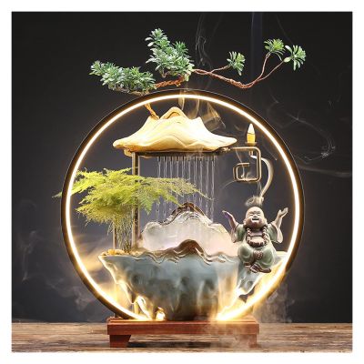 AFGZQ Ceramics Indoor Water Fountains Home Lucky Circulation Flowing Water Ornament Living Room Desktop Office Fountain with Mist and Backflow Incense Holder (Color : A)
