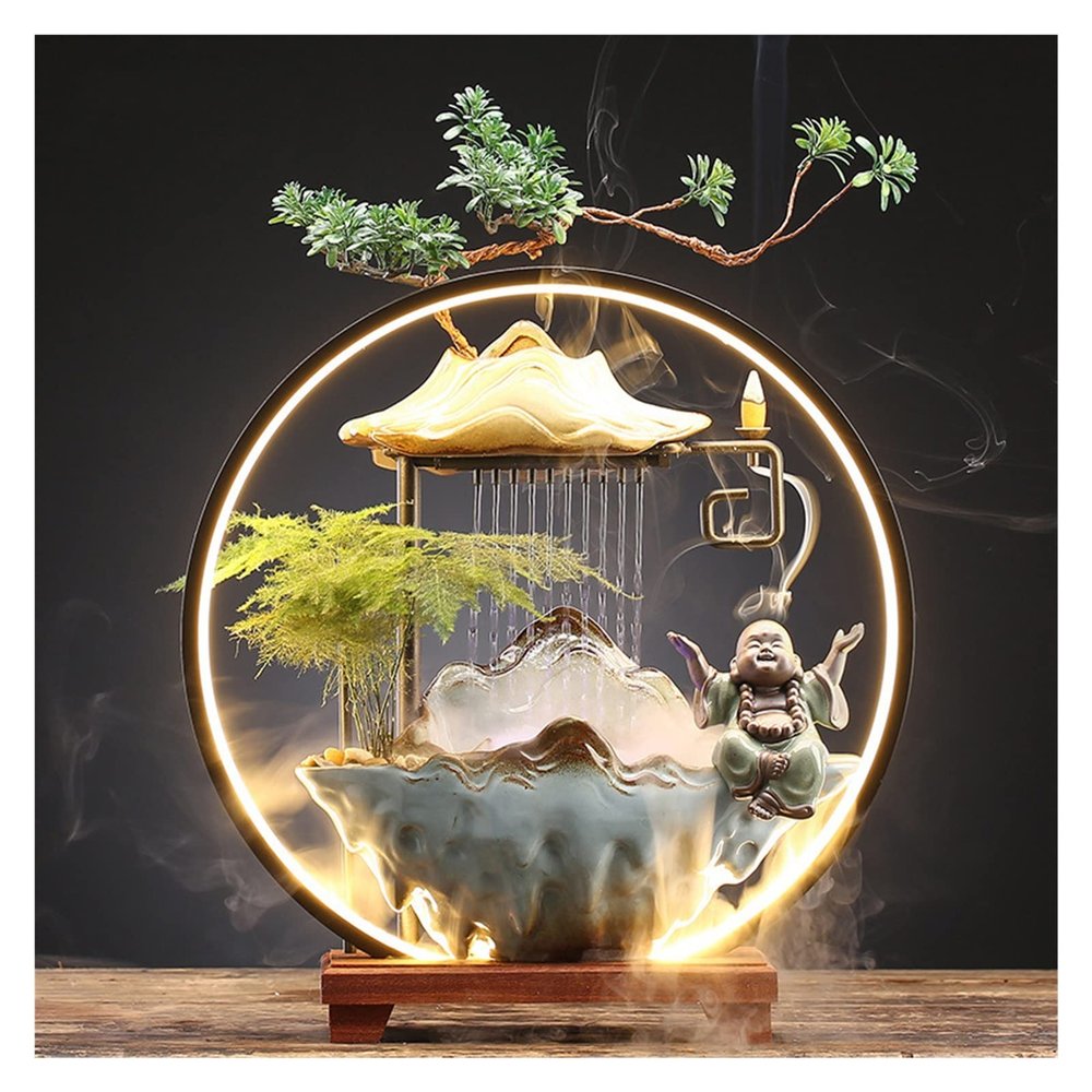 AFGZQ Ceramics Indoor Water Fountains Home Lucky Circulation Flowing Water Ornament Living Room Desktop Office Fountain with Mist and Backflow Incense Holder (Color : A)
