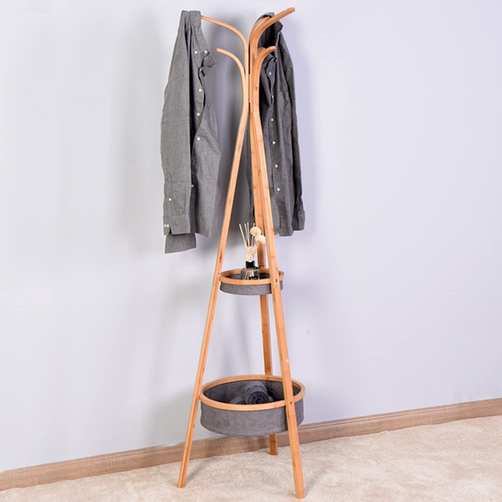 Sturdy Freestanding Coat Rack lothes/Bags/Hats Coat Rack for Home/Office/Entryway/Living Room Bamboo Coat Rack with Storage Rack 15.1 x 66.9 inch