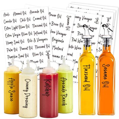 Prefdo 138 Oil and Vinegar Labels for Bottles, Black Script Clear Preprinted Condiments Stickers for Squeeze Dispensers Kitchen Pantry Organization, Waterproof & Oil-Proof