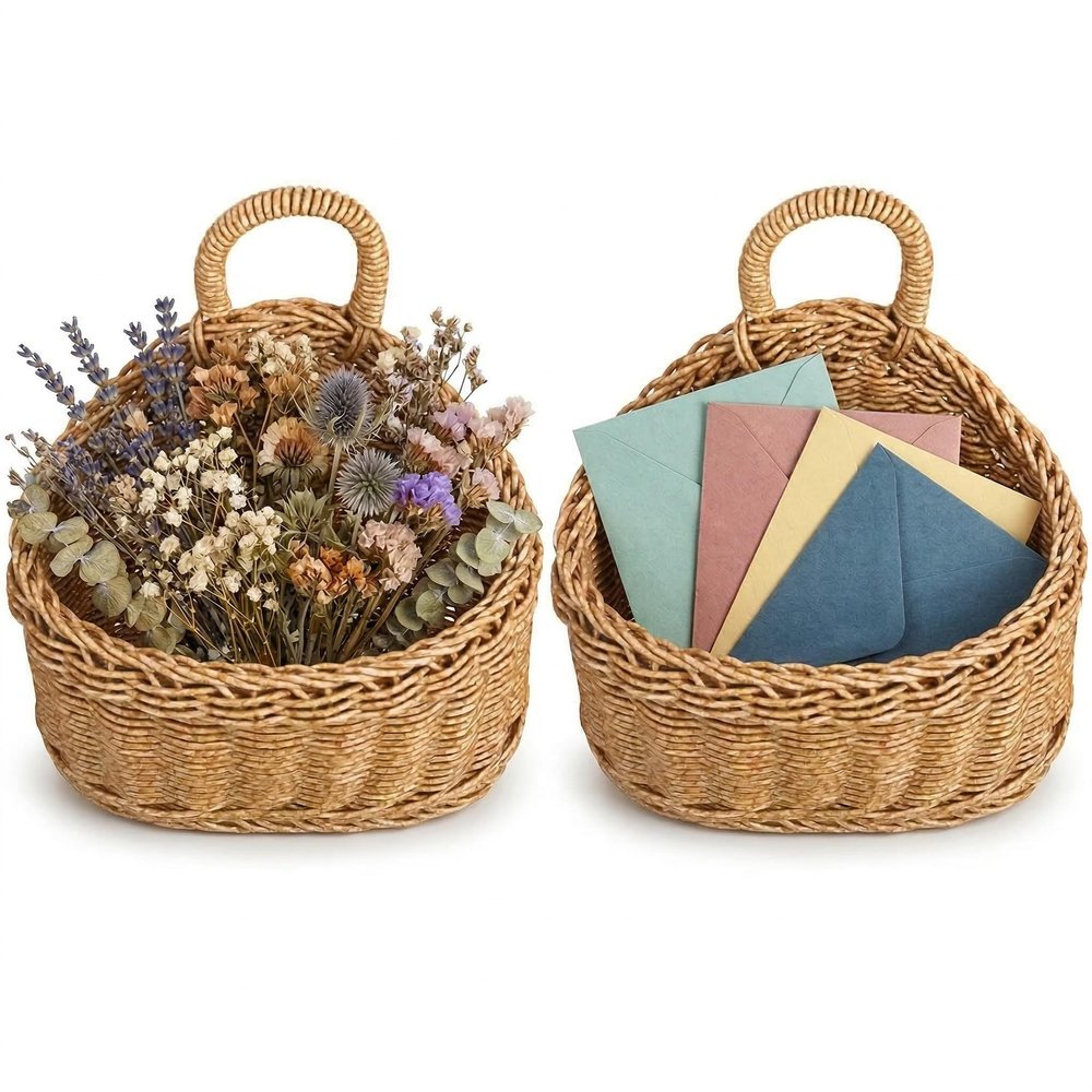 DOITOOL Set of 2 Wicker Hanging Basket for Wall, Front Door, Flowers, Mail, Fruit - Boho Handmade Rattan Hanging Wall Baskets for Garden Farmhouse Home Storage