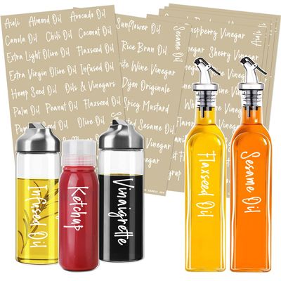 Prefdo 138 Oil and Vinegar Labels for Bottles, White Script Clear Preprinted Condiments Stickers for Squeeze Dispensers Kitchen Pantry Organization, Waterproof & Oil-Proof