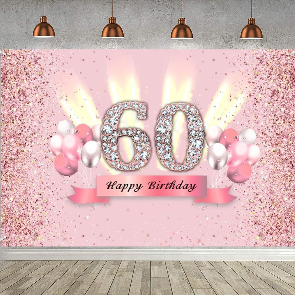 60th Birthday Decorations for Women Happy Birthday Backdrop Banner Party Deco Woman 60 Years Old Anniversary Party Fabric Sign Poster Pink Photo Background Birthday Party Supplies, 59"x35.4"