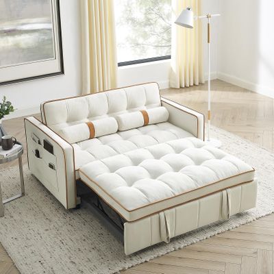 55.5" Convertible Sleeper Sofa Bed, 3 in 1 Velvet Loveseat Sofa Couch with Adjustable Backrest, Modern Pull Out Couch with Round Pillows and Pockets for Living Room (Beige)
