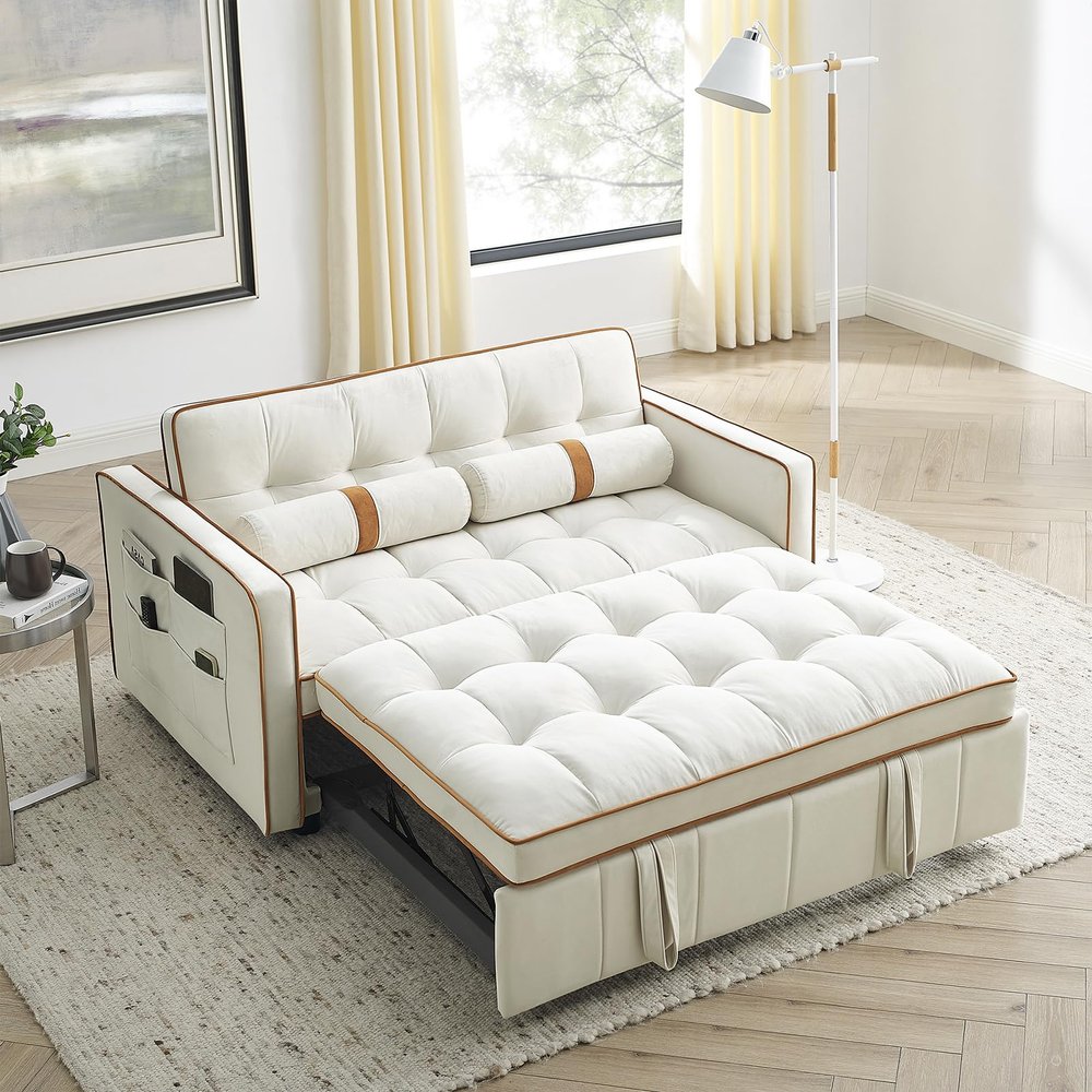 55.5" Convertible Sleeper Sofa Bed, 3 in 1 Velvet Loveseat Sofa Couch with Adjustable Backrest, Modern Pull Out Couch with Round Pillows and Pockets for Living Room (Beige)