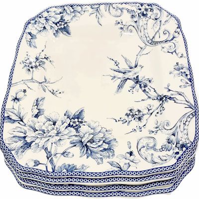 222 Fifth Adelaide Blue Toile Square Dinner Plates | Fine China/Porcelaine | Set of 4 | 10.75" x 10.75"