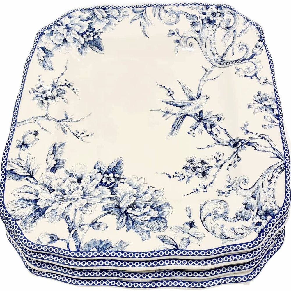 222 Fifth Adelaide Blue Toile Square Dinner Plates | Fine China/Porcelaine | Set of 4 | 10.75" x 10.75"