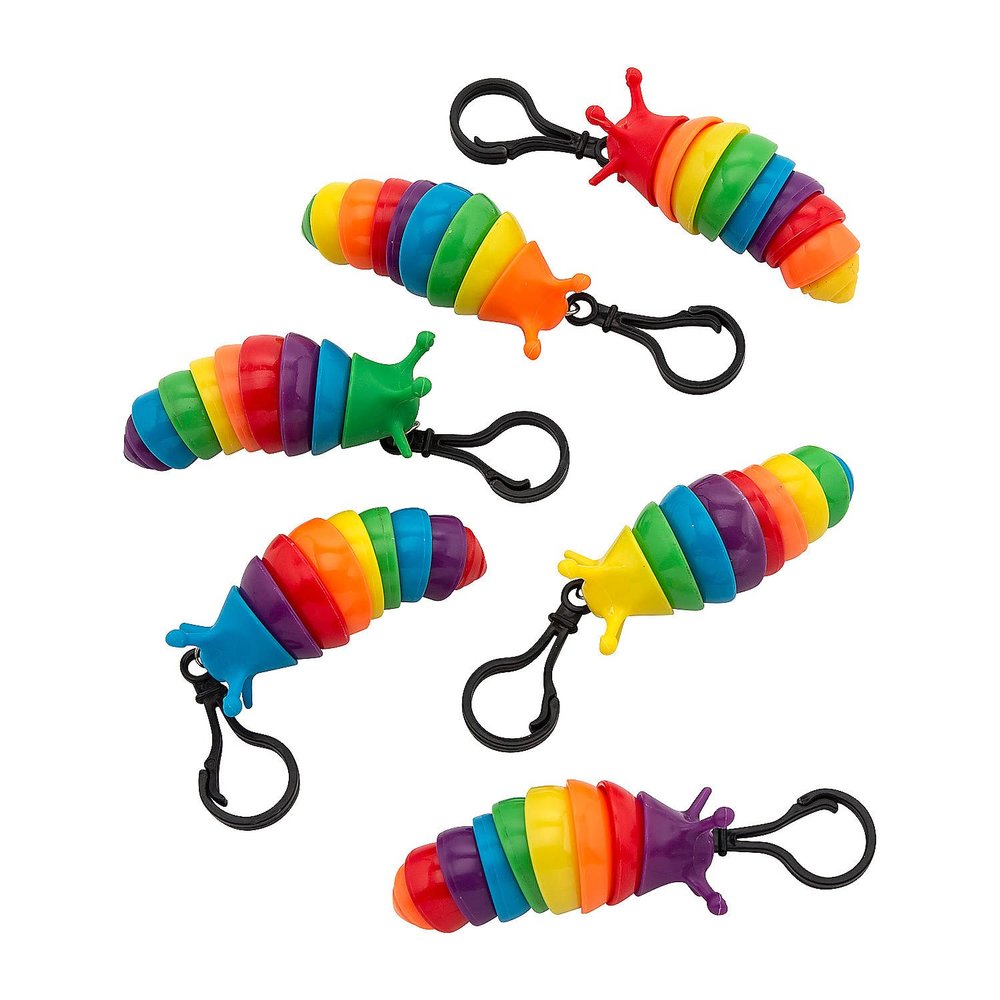 Fun Express Rainbow Fidget Slug Backpack Clip Keychains, 24 Pieces