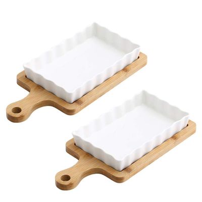 2pcs Vintage White Ceramic Cheese Snack Fruit Platter Food Trays Decorative Serving Tray with Bamboo Trivet
