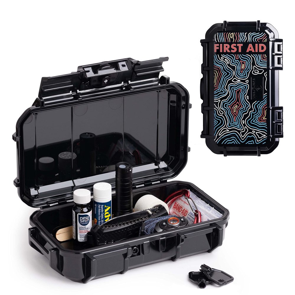 Evergreen X Seahorse 56 Medication Lock Box - Medium, First Aid Kit, Childproof, Empty Lockable Medicine Box to Store Medications, Diabetic Supplies, Needles. NO SUPPLIES INCLUDED (Black + Topography)