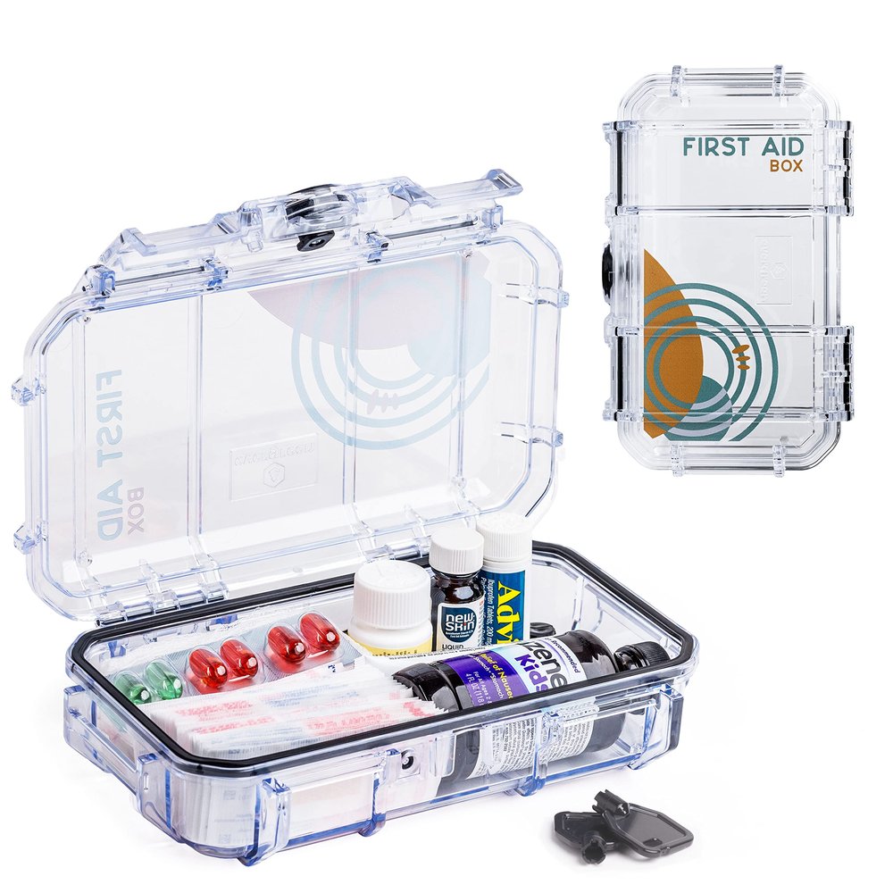 Evergreen X Seahorse 56 Medication Lock Box - Medium, First Aid Kit, Childproof, Empty Lockable Medicine Box to Store Medications, Diabetic Supplies. NO SUPPLIES INCLUDED (Clear + Boho)