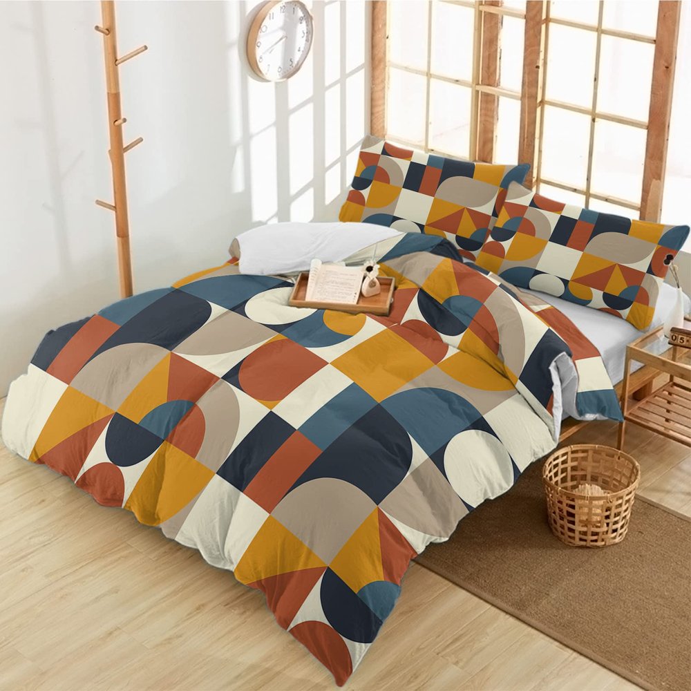 3 Piece Bedding Set,Retro Orange Brown Black Geometric Breathable Duvet Cover Super Soft Pillow Shams,Mid Century Style Washable Bed Sets All Seasons for Bedroom Dorm Hotel RV Full