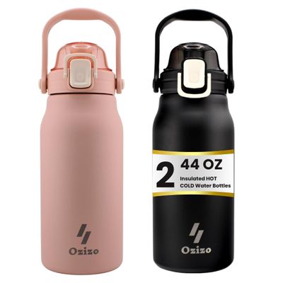 2 Pack Ozizo 1.4 qt Insulated Canteen, Stainless Steel Hiking Water Bottle with Handle, Mixing Ball, and Straw (Black and Pink)