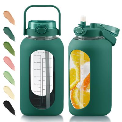 SIEROZUR 74oz Glass Water Bottle with Straw & Handle Lid | Half Gallon Motivational Water Jug with Time Marker & Silicone Sleeve | BPA-Free Borosilicate Glass for Gym, Home & Workout