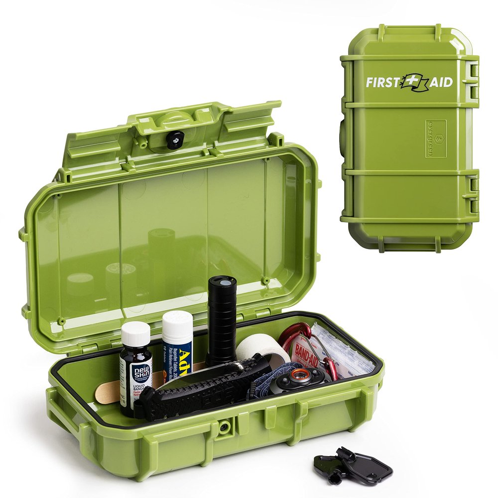Evergreen X Seahorse 56 Medication Lock Box - Medium, First Aid Kit, Childproof, Empty Lockable Medicine Box to Store Medications, Diabetic Supplies. NO SUPPLIES INCLUDED (Green + First Aid Flag)