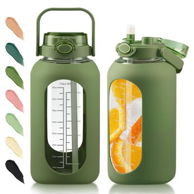 SIEROZUR 74oz Glass Water Bottle with Straw & Handle Lid | Half Gallon Motivational Water Jug with Time Marker & Silicone Sleeve | BPA-Free Borosilicate Glass for Gym, Home & Workout