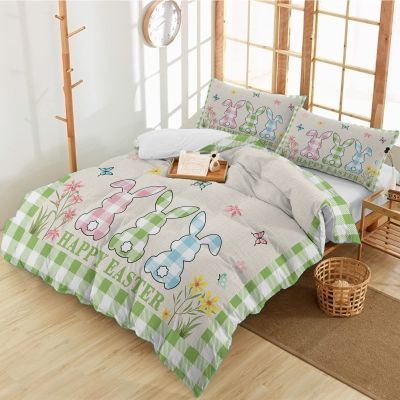 3 Piece Bedding Set,Easter Pink Green Blue Plaid Bunny Breathable Duvet Cover Super Soft Pillow Shams,Spring Vintage Linen Washable Bed Sets All Seasons for Bedroom Dorm Hotel RV Full