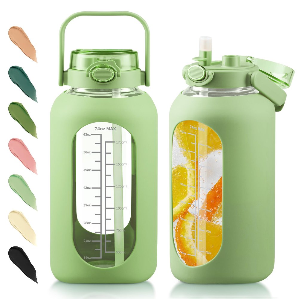 SIEROZUR 74oz Glass Water Bottle with Straw & Handle Lid | Half Gallon Motivational Water Jug with Time Marker & Silicone Sleeve | BPA-Free Borosilicate Glass for Gym, Home & Workout