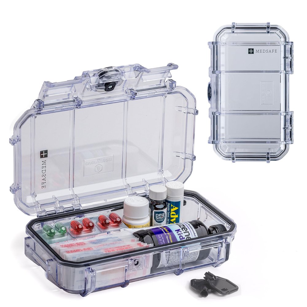 Evergreen X Seahorse 56 Medication Lock Box - Medium, First Aid Kit, Childproof, Empty Lockable Medicine Box to Store Medications, Diabetic Supplies, Needles. NO SUPPLIES INCLUDED (Clear + MedSafe)
