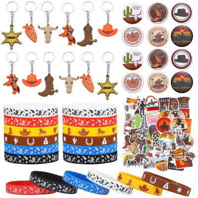 Sureio 86 Pcs Western Cowboy Party Favors Include 12 Keychains 12 Western Cowboy Silicone Bracelets Button Pins 50 Waterproof Theme Stickers for Birthday Party Supplies