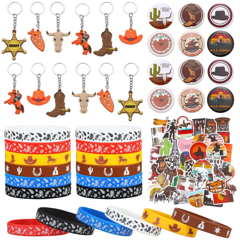 Sureio 86 Pcs Western Cowboy Party Favors Include 12 Keychains 12 Western Cowboy Silicone Bracelets Button Pins 50 Waterproof Theme Stickers for Birthday Party Supplies